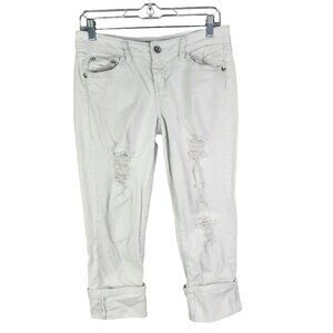 Women's White Cato Distressed Rolled Cuff Jeans Rhinestone Button Mid Rise 4